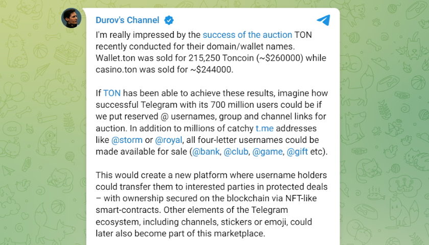 Telegram spouští tržiště pro aukci vzácných uživatelských jmen