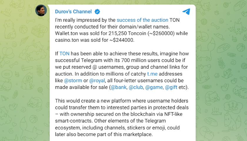 Telegram spouští tržiště pro aukci vzácných uživatelských jmen